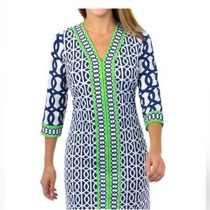Gretchen Scott Designs Navy, White & Lime Green Geometric V-Neck Dress